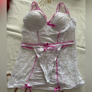 Elegant Playboy White and Pink Lace Lingerie Set